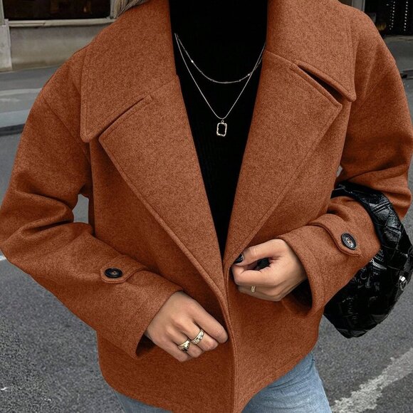 Brown Casual Women's Oversized Collar Button down Long Sleeve Coat - Picture 4 of 7